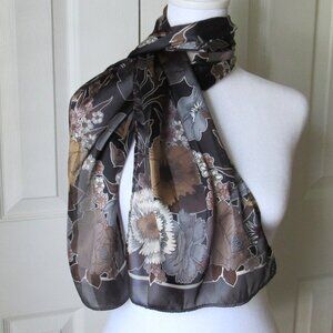 CEJON 100% Polyester SCARF Dramatic Flowers Black Gray Gold Silky Sheer Elegant